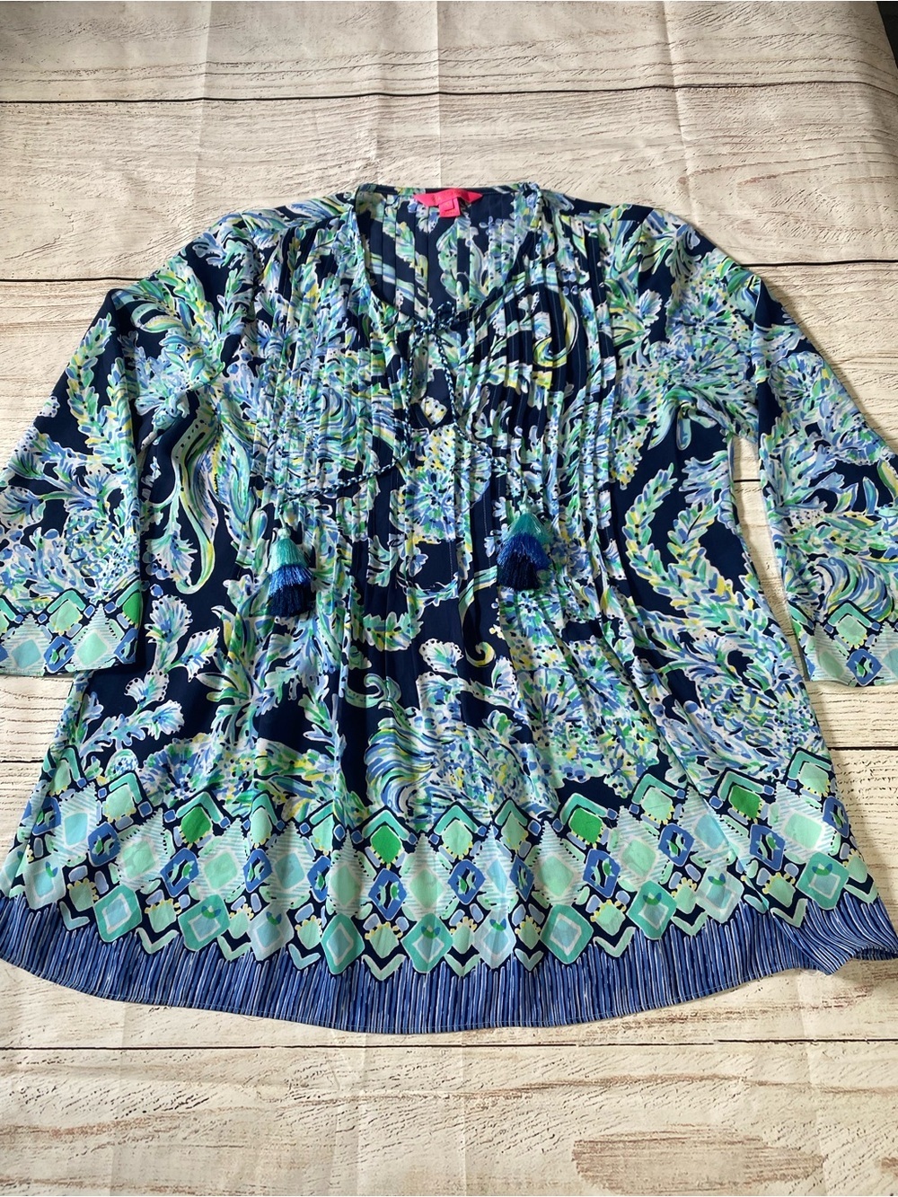 Lilly Pulitzer Navy Blue Green Printed Tassel Tie Tunic Medium